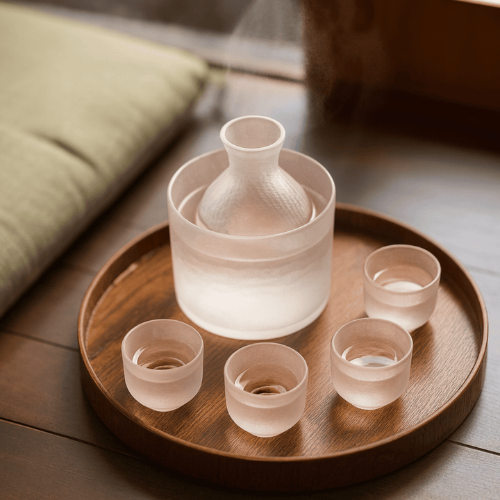 Frosted Glass Sake Set with Ice Bucket on tray