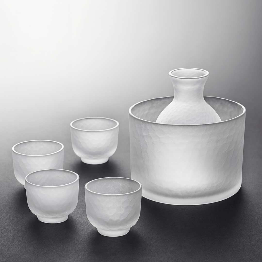 Frosted Glass Sake Set with Ice Bucket front view