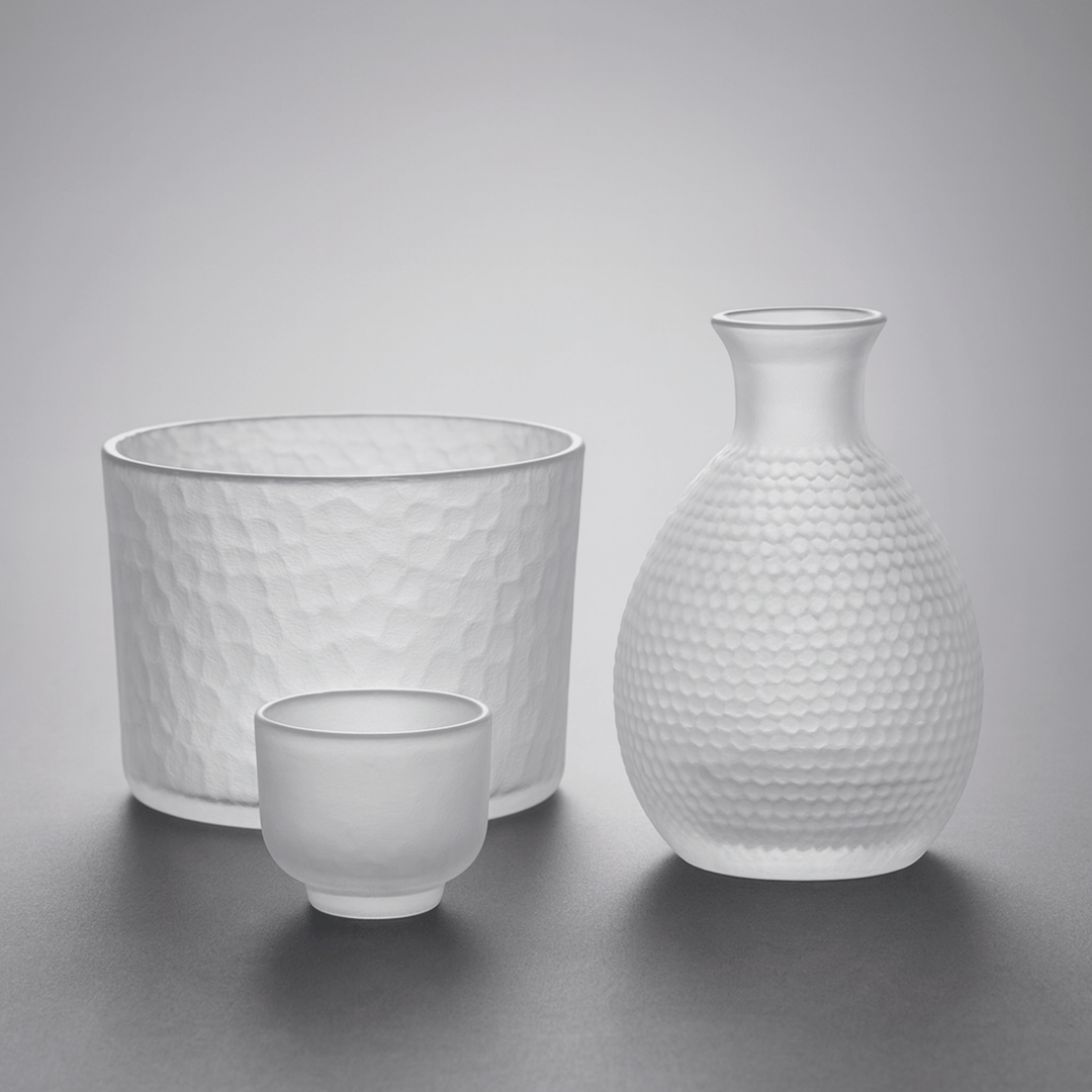 Frosted Glass Sake Set carafe, ice bucket and glass