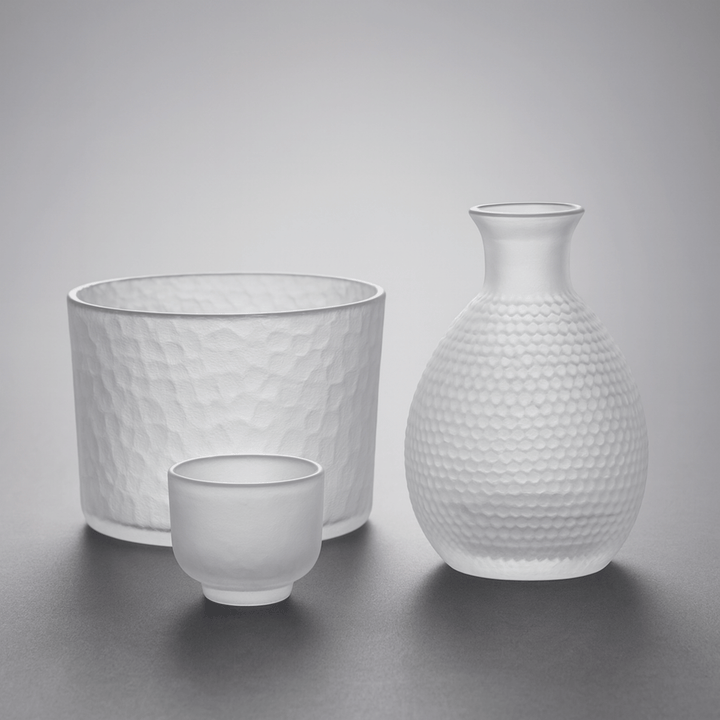 Frosted Glass Sake Set carafe, ice bucket and glass