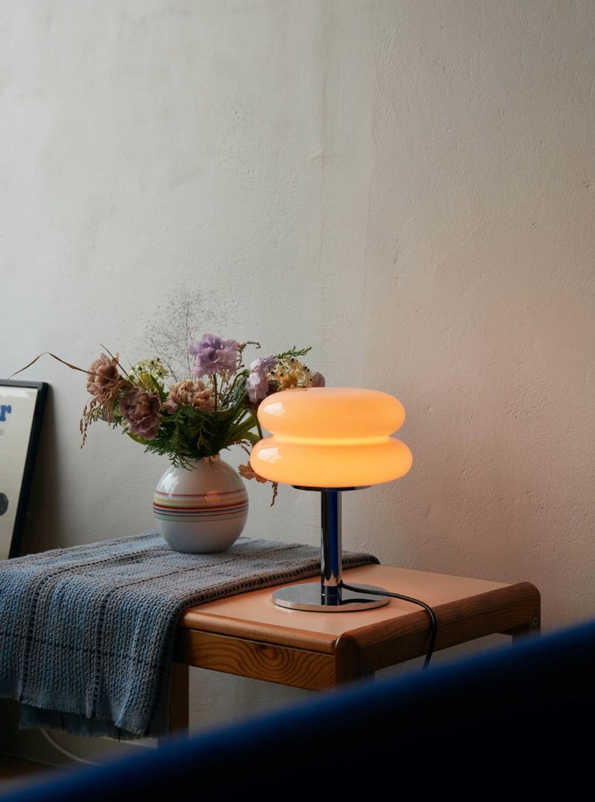 Peach Glass Snowman Table Lamp angled view