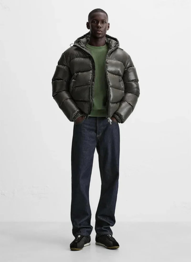 Green Glossy Puffer Jacket front view