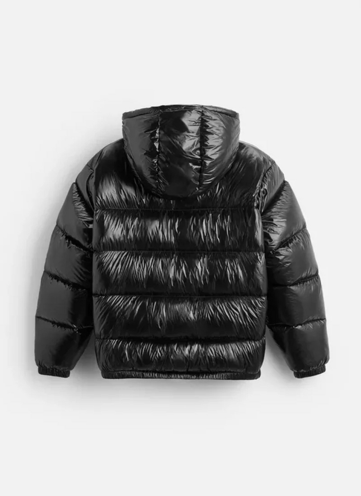 Black Glossy Puffer Jacket back flat lay