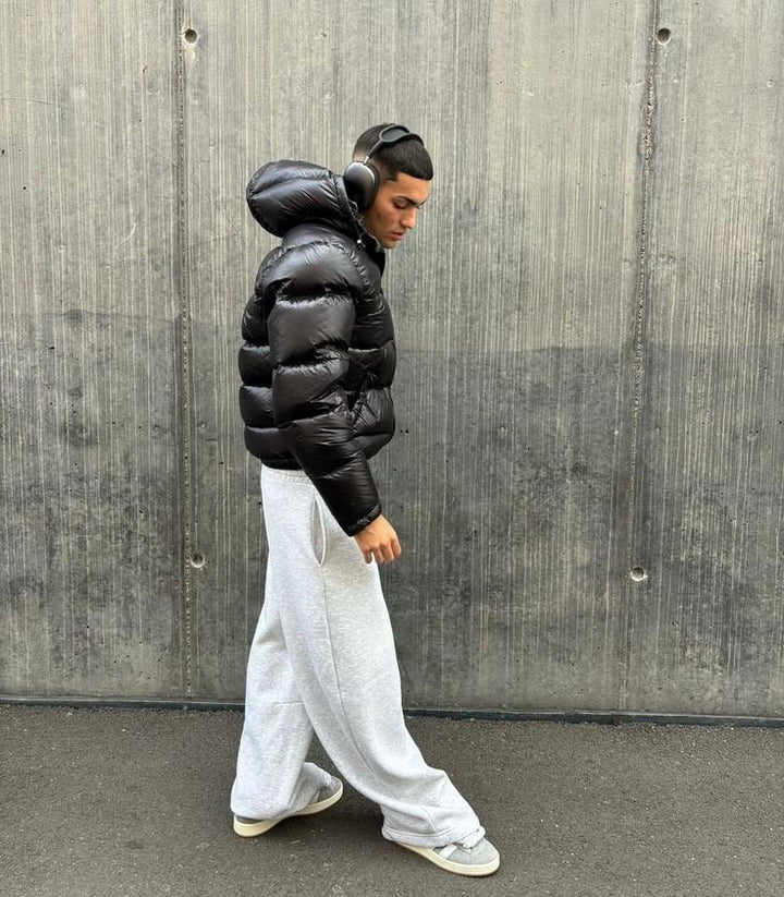 Black Glossy Puffer Jacket side lifestyle
