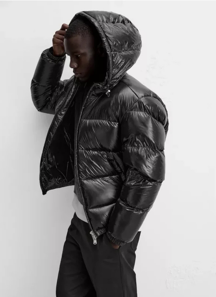 Black Glossy Puffer Jacket side view with hood