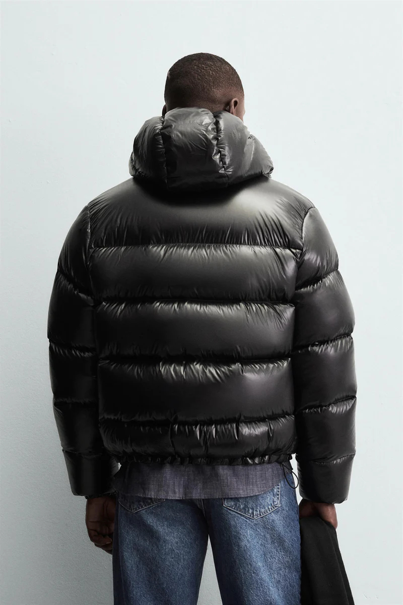 Black Glossy Puffer Jacket back view