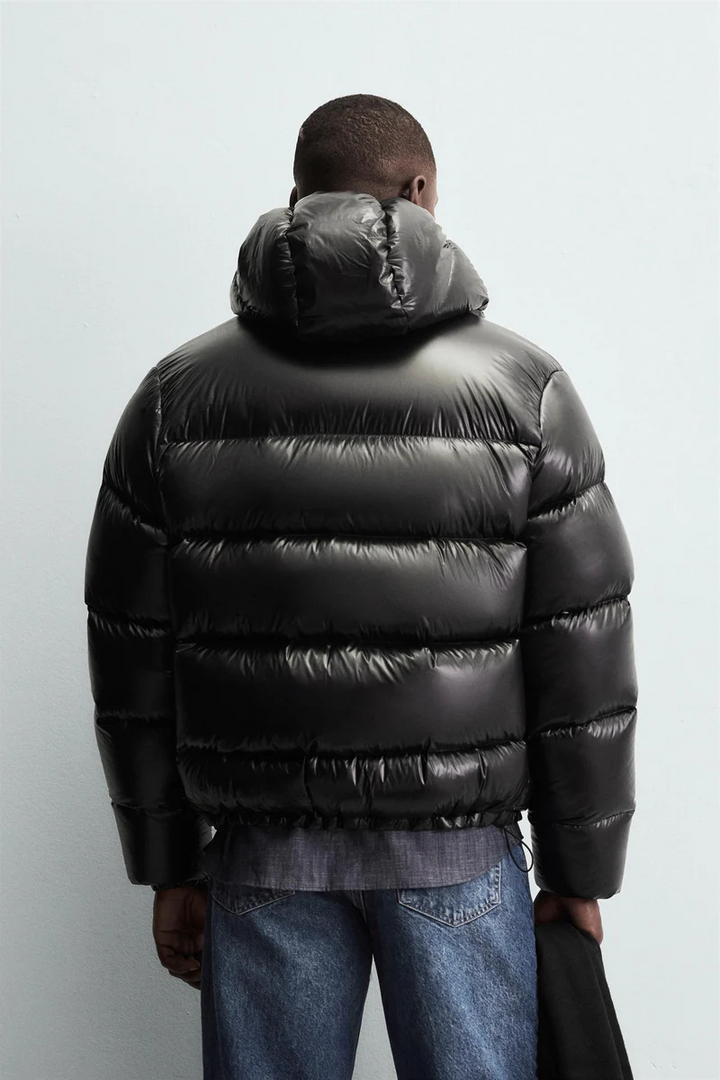 Black Glossy Puffer Jacket back view