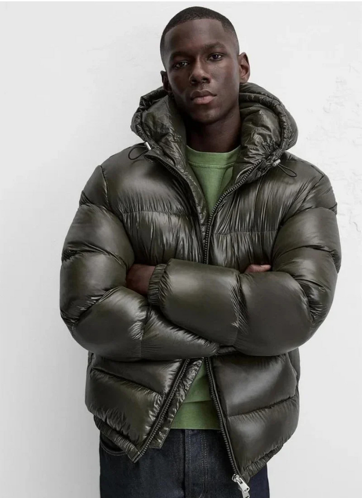 Green Glossy Puffer Jacket front close-up