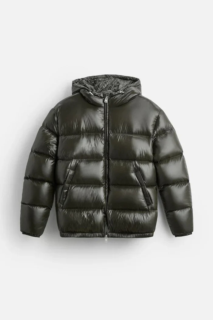 Green Glossy Puffer Jacket front flat lay