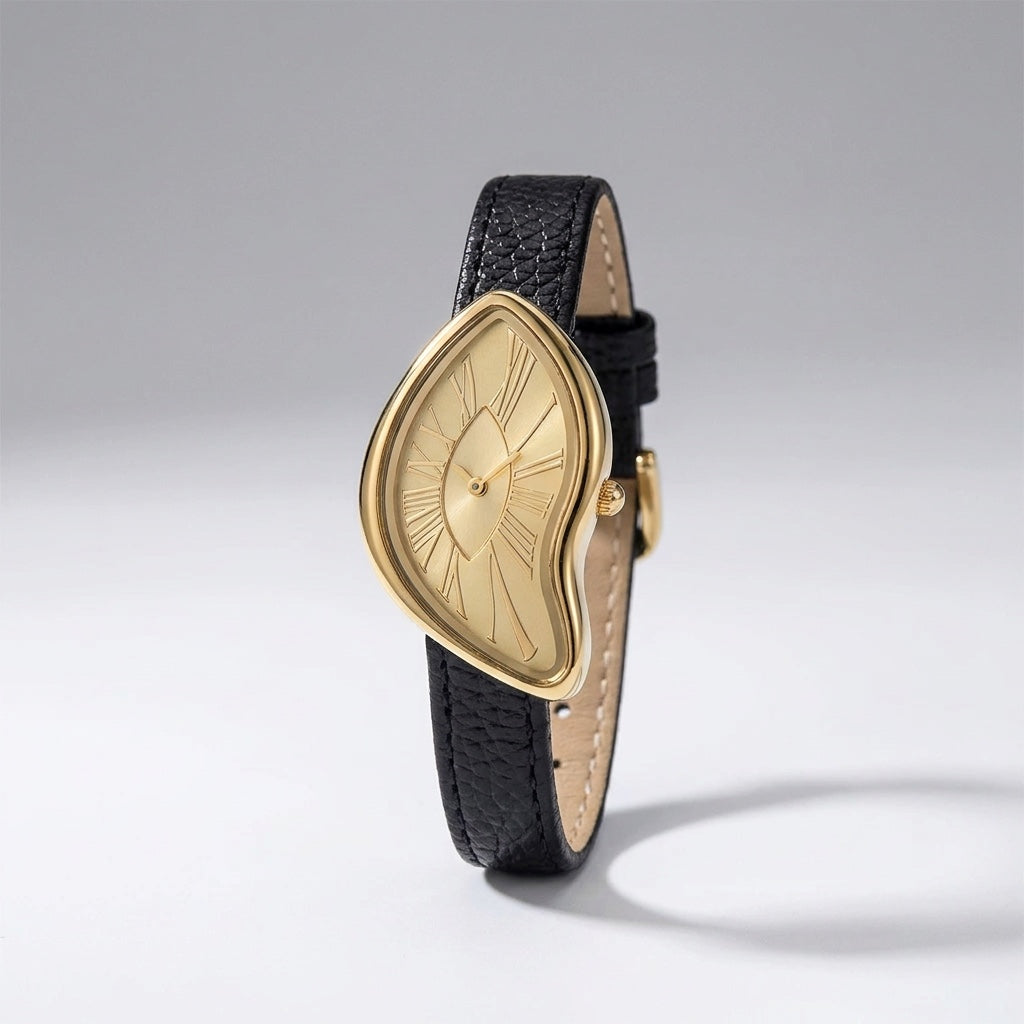 Royale Gold-Tone Roman Numeral Dress Watch, gold dial and black leather strap, front view