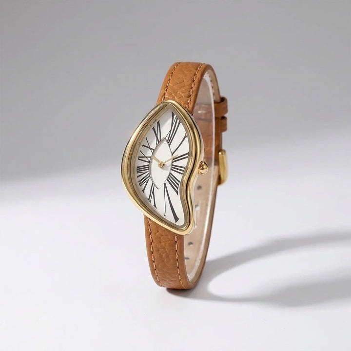 Chestnut Gold-Tone Roman Numeral Dress Watch, white dial and tan leather strap, front view