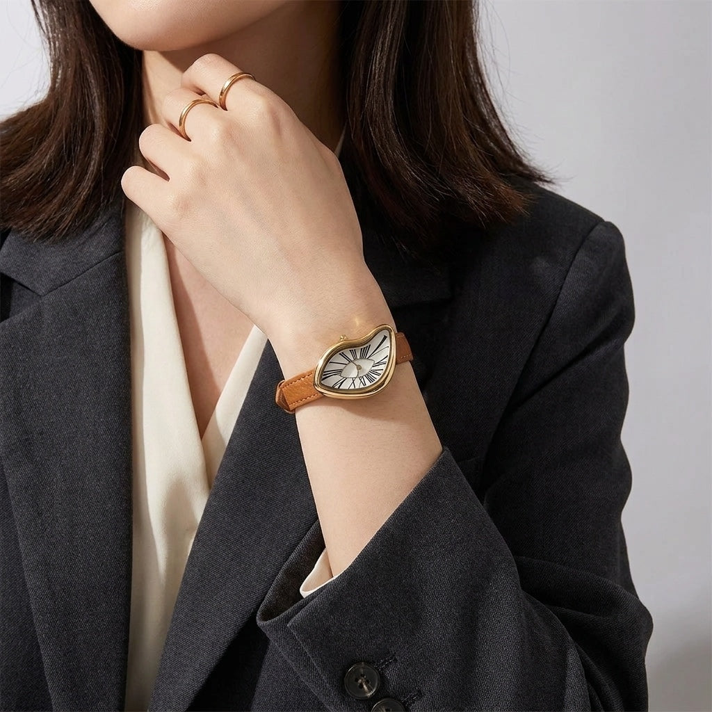 Gold-Tone Roman Numeral Dress Watch with tan strap worn on wrist