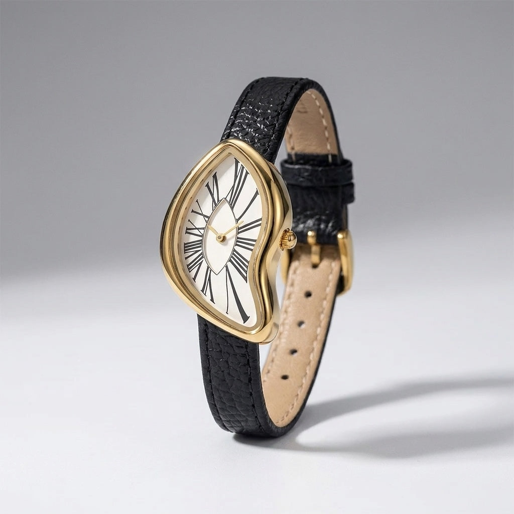 Piano Gold-Tone Roman Numeral Dress Watch, white dial and black leather strap, front view