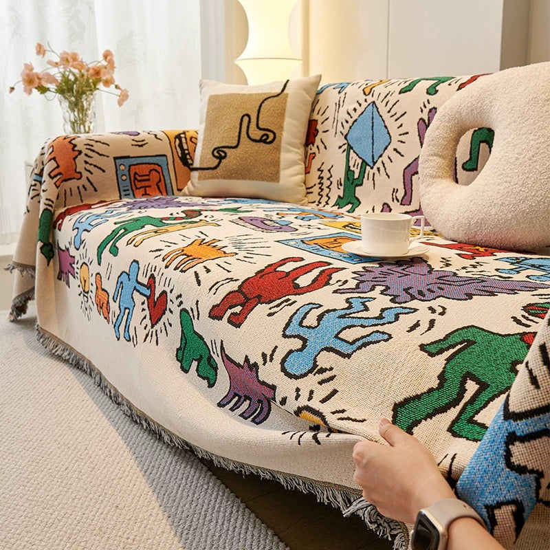 Multicolor Graffiti Pop Art Woven Throw Blanket fringe detail