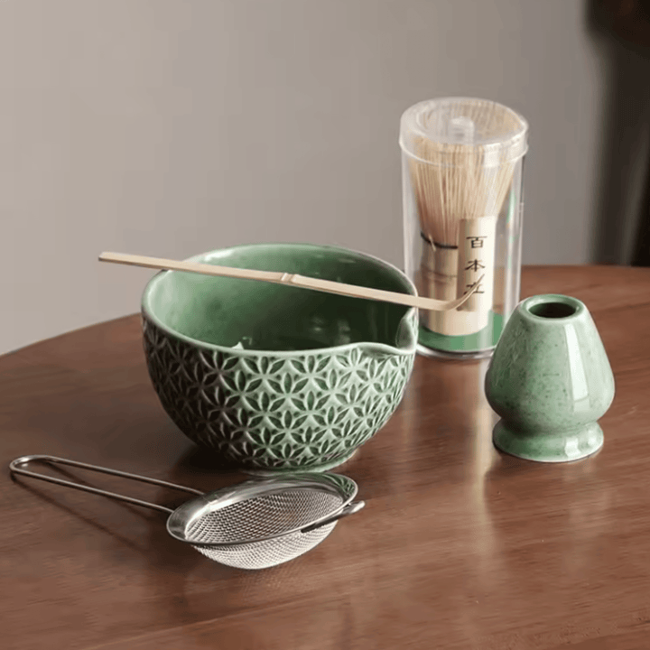 Green Embossed Ceramic Matcha Set 5-piece set front view