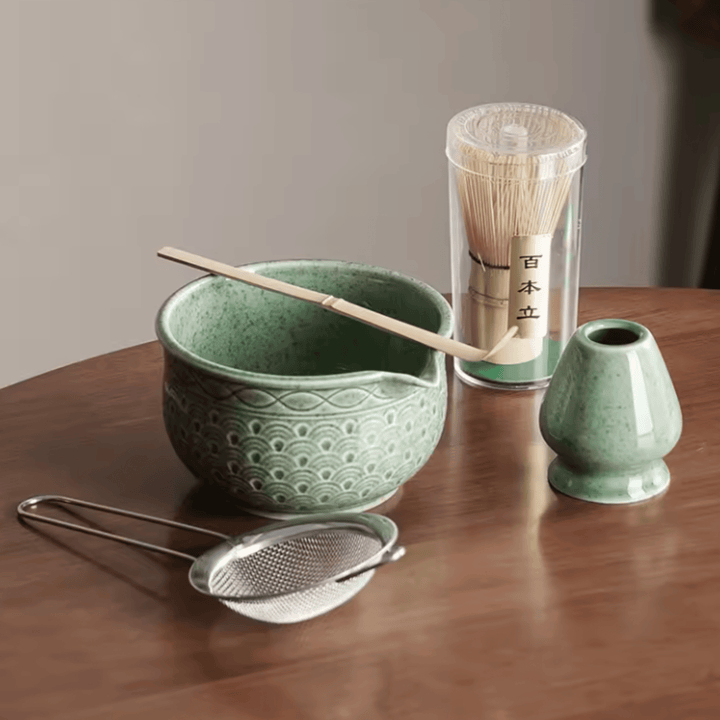 Green Embossed Ceramic Matcha Set 5-piece set alternate pattern