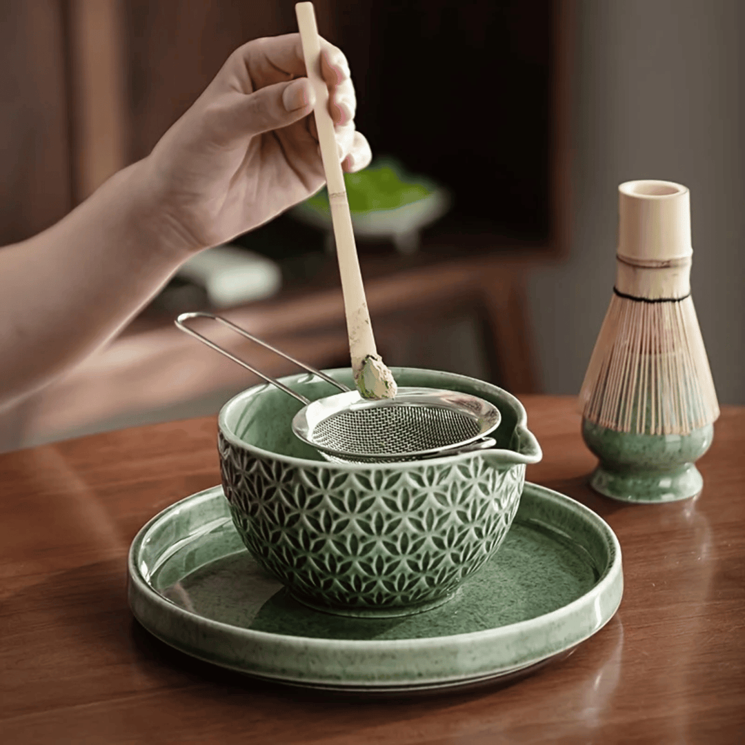 Green Embossed Ceramic Matcha Set sifting matcha lifestyle