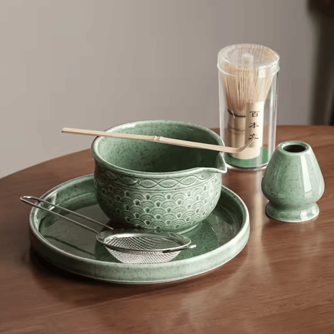 Green Embossed Ceramic Matcha Set 6-piece set with tray
