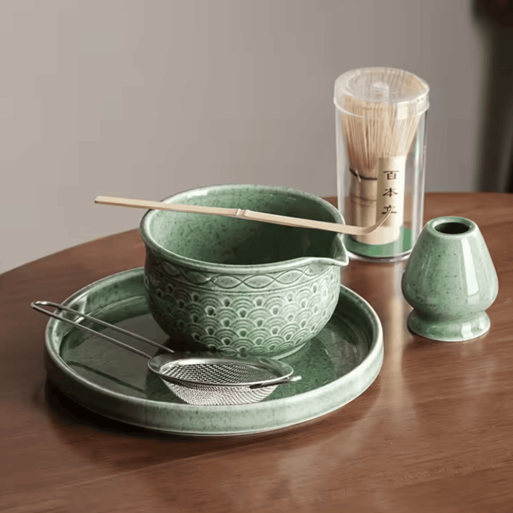Green Embossed Ceramic Matcha Set 6-piece set with tray