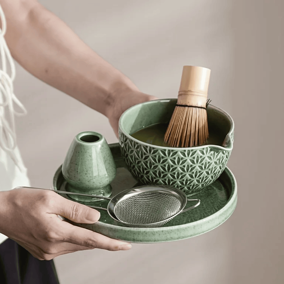 Green Embossed Ceramic Matcha Set carried on tray