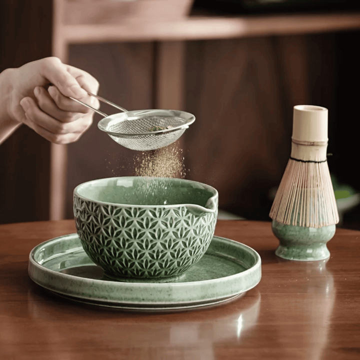 Green Embossed Ceramic Matcha Set sifting into bowl