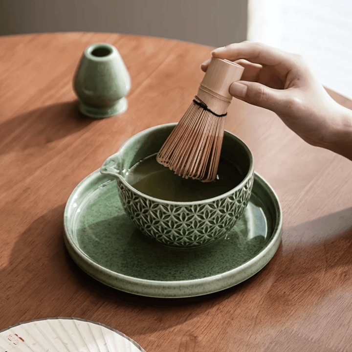 Green Embossed Ceramic Matcha Set whisking matcha