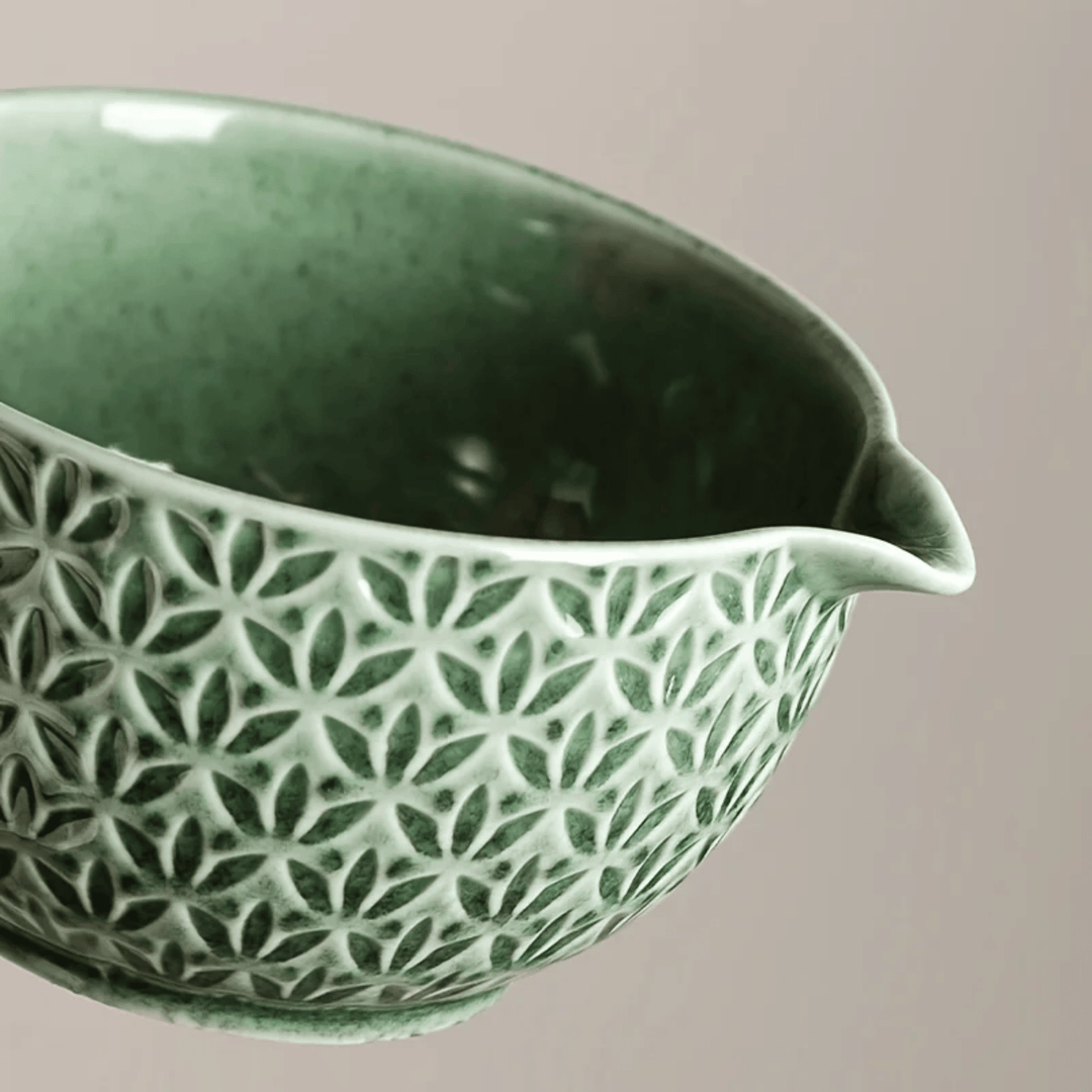 Green Embossed Ceramic Matcha Set bowl pattern detail