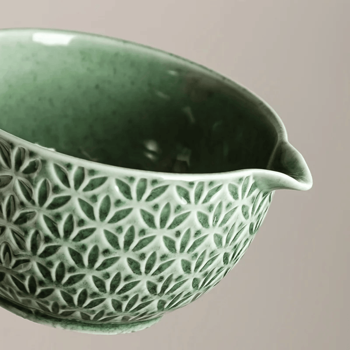 Green Embossed Ceramic Matcha Set bowl pattern detail