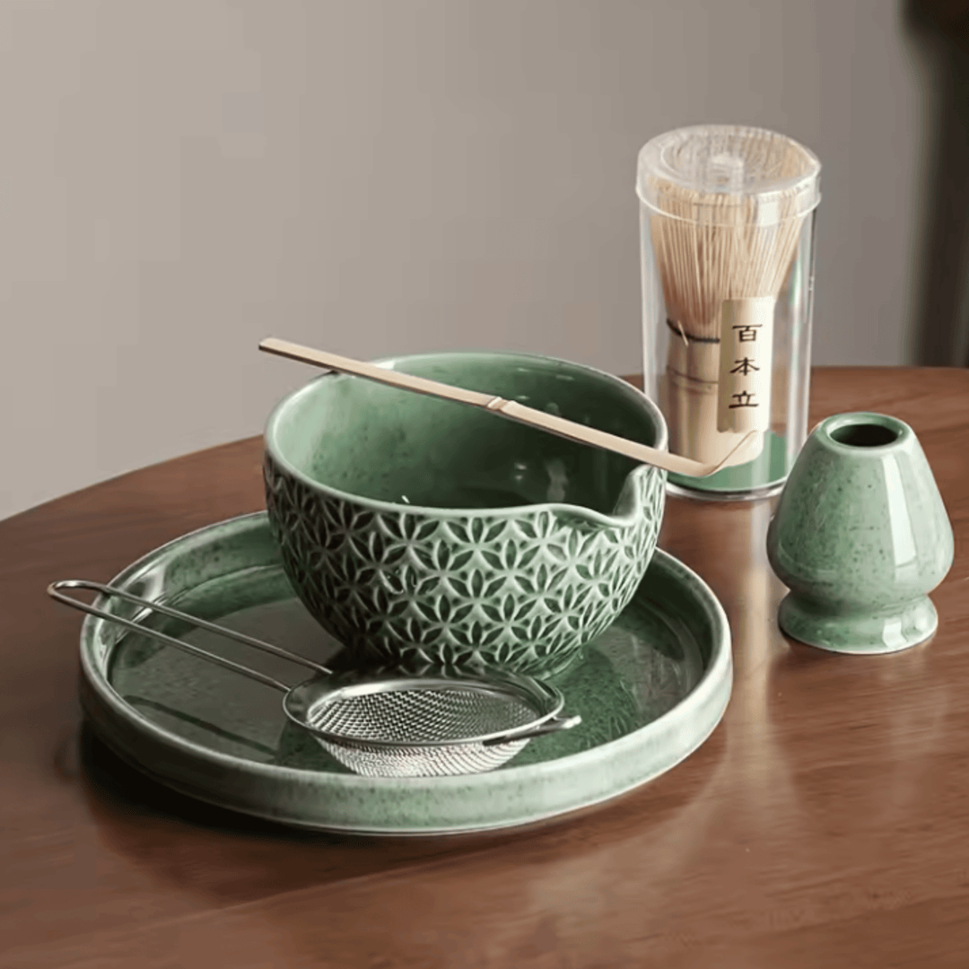 Green Embossed Ceramic Matcha Set 6-piece set side view