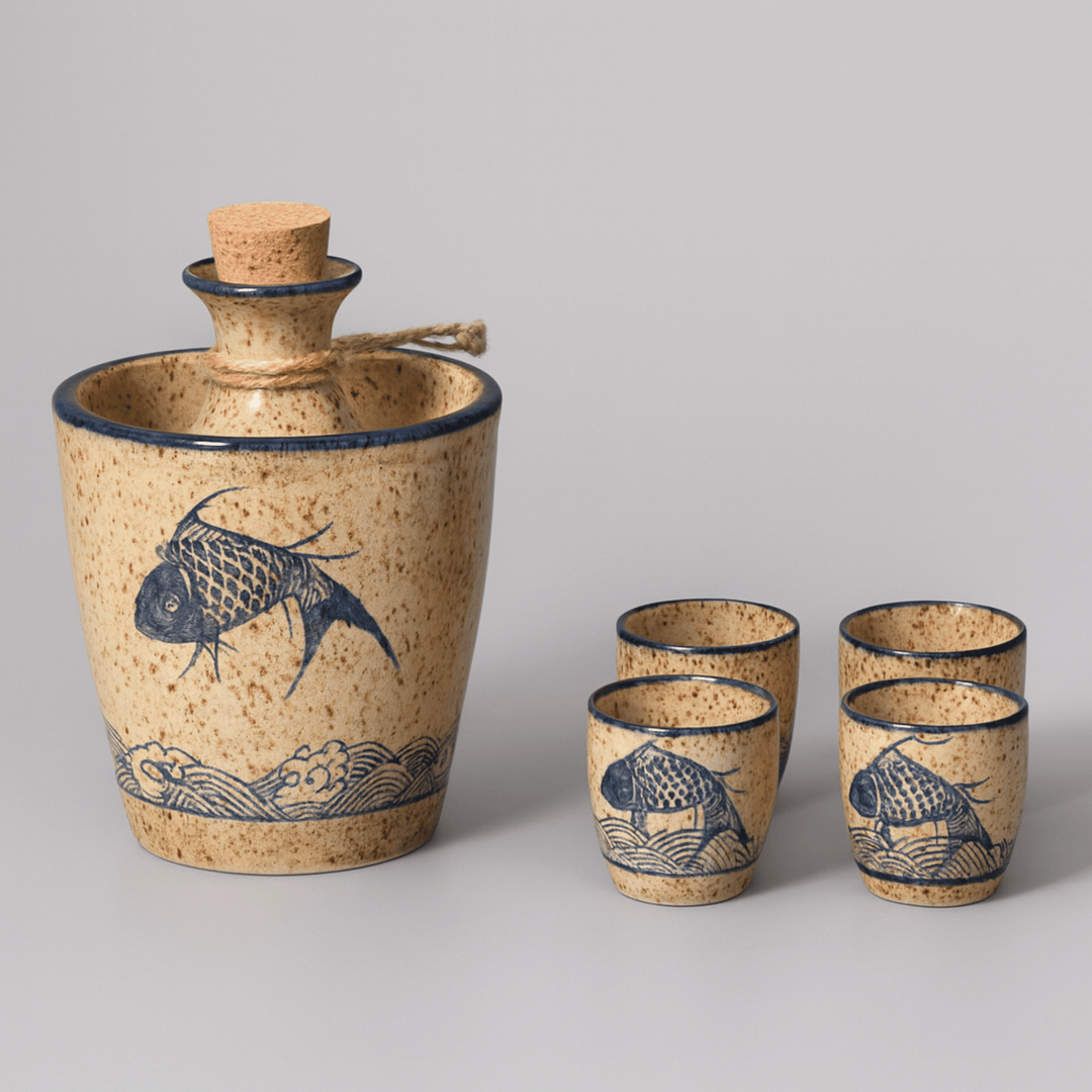 Hand-Glazed Koi Sake Carafe Set 6-piece set front view