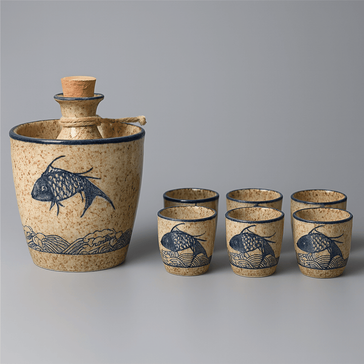 Hand-Glazed Koi Sake Carafe Set 8-piece set front view