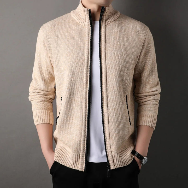 Beige Hand-Knit Full-Zip Jacket worn front view