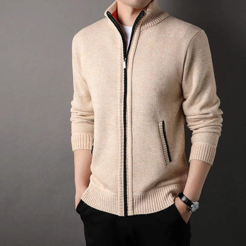 Beige Hand-Knit Full-Zip Jacket worn angled view