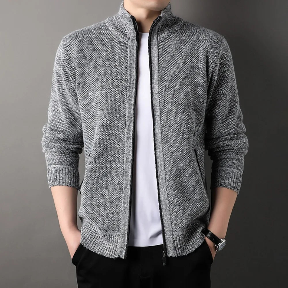 Grey Hand-Knit Full-Zip Jacket worn front view