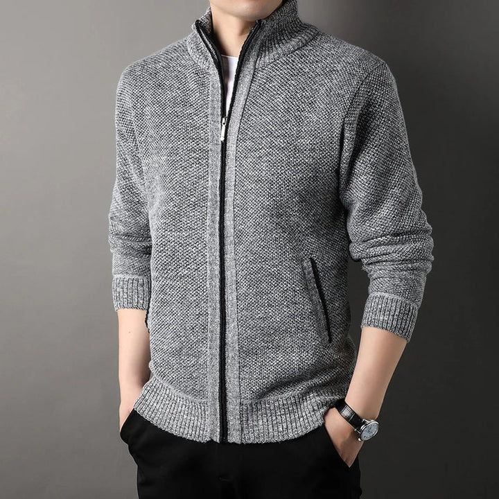 Grey Hand-Knit Full-Zip Jacket worn angled view
