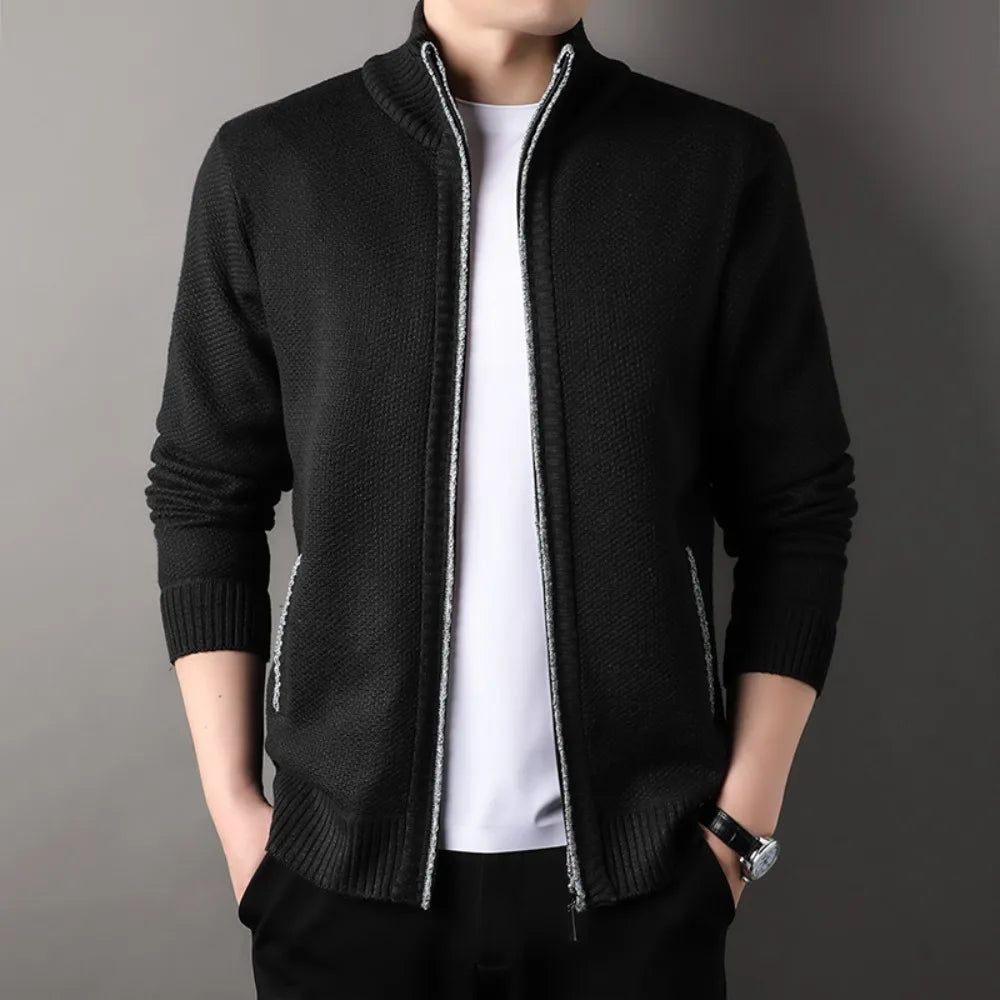 Black Hand-Knit Full-Zip Jacket worn front view