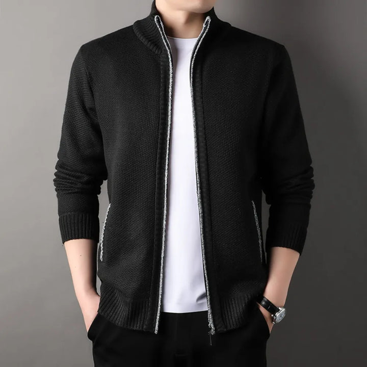 Black Hand-Knit Full-Zip Jacket worn front view