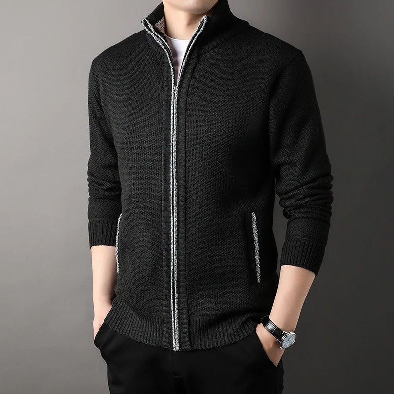Black Hand-Knit Full-Zip Jacket worn angled view