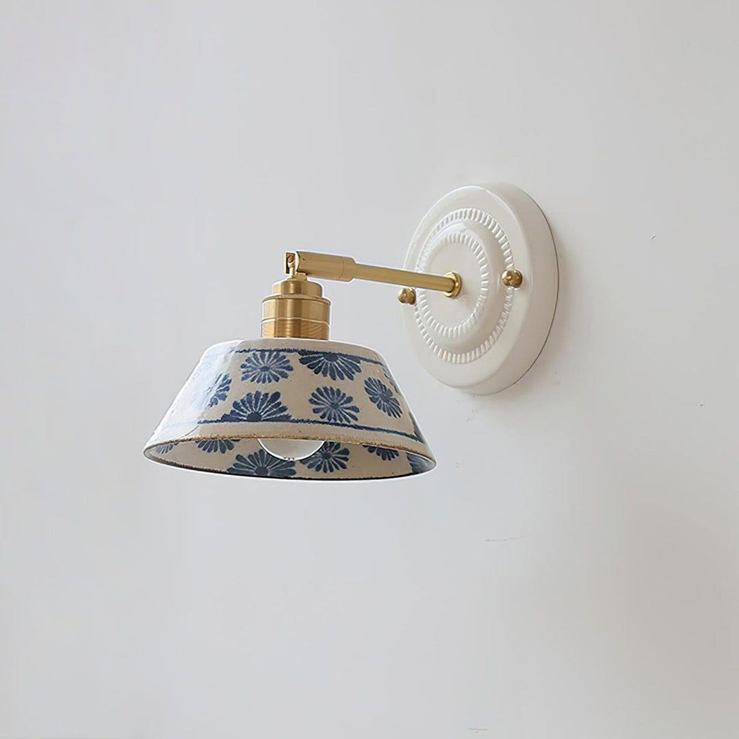Hand-Painted Ceramic Bedside Light indigo floral on wall