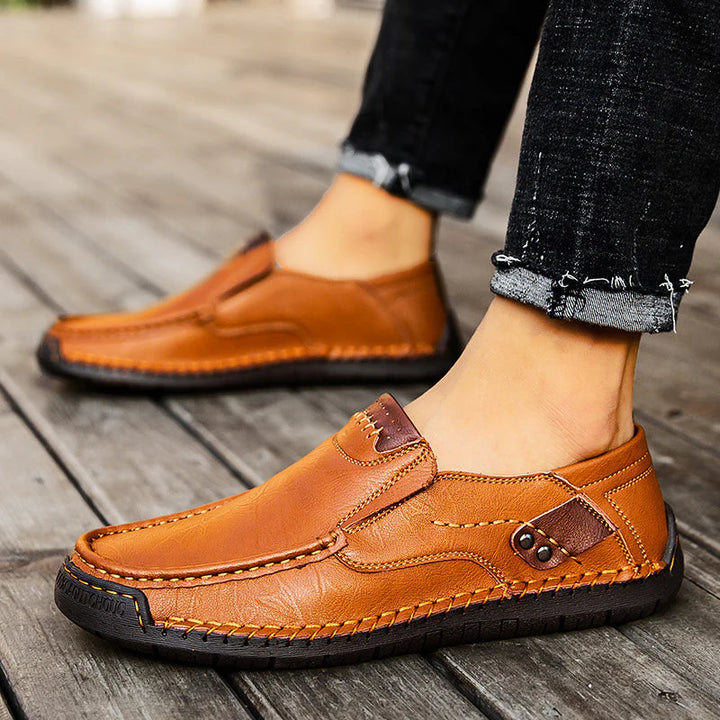 Yellow Brown Leather Loafers worn lifestyle