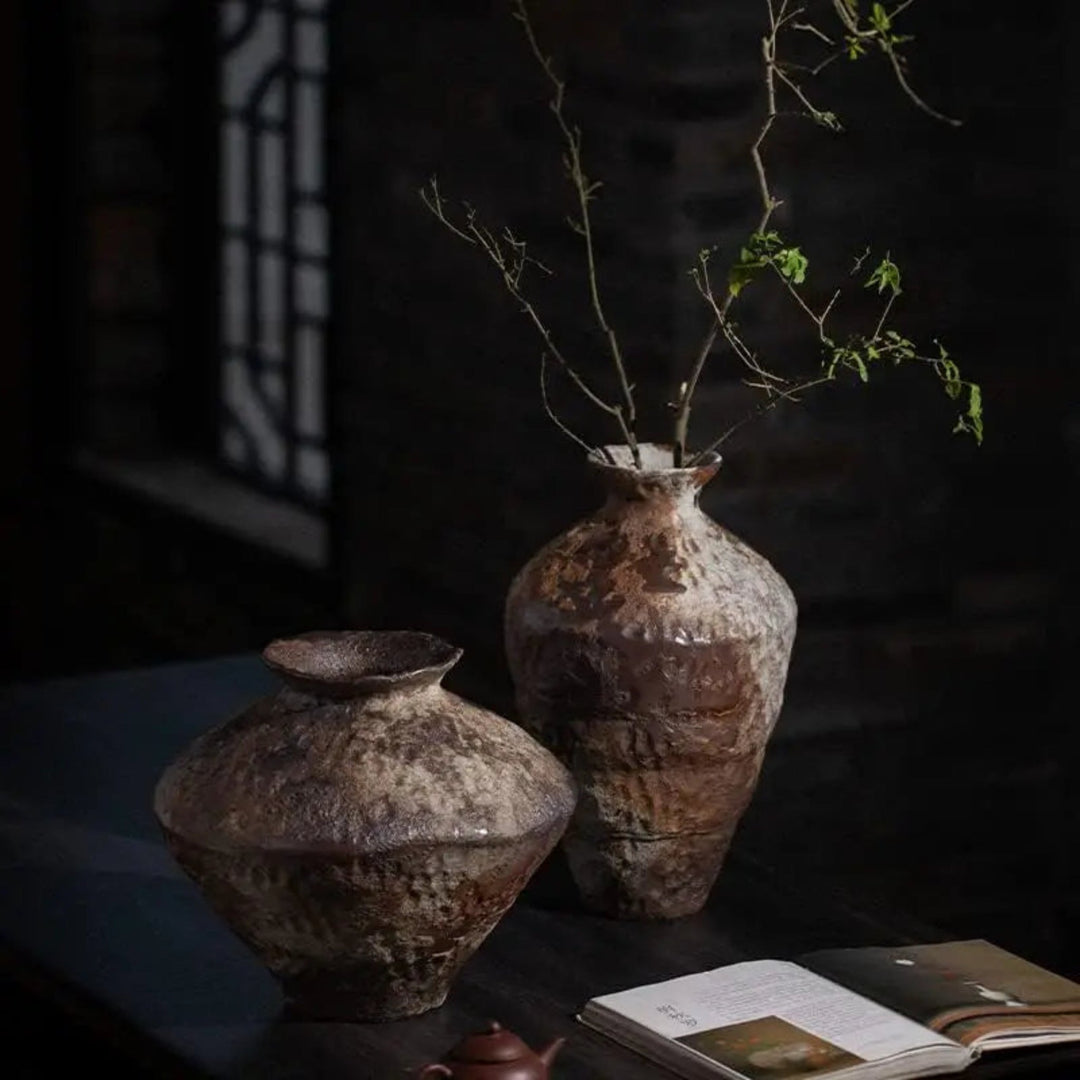 Handcrafted Rustic Ceramic Vases in dark setting