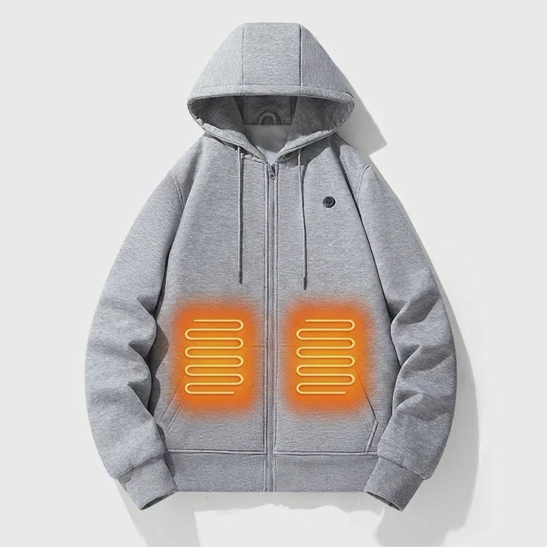 Grey heated zip-up hoodie with front heating zones highlighted
