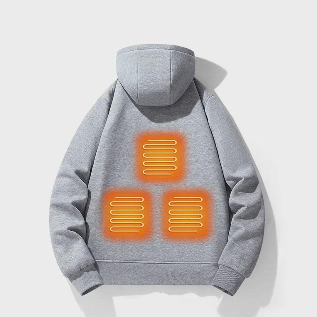Grey heated zip-up hoodie showing heating zone placement