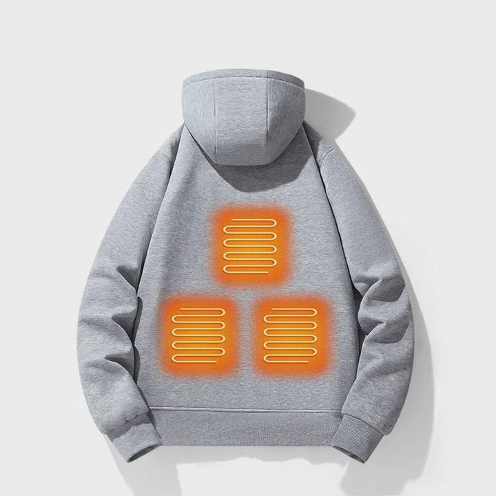 Grey heated zip-up hoodie showing heating zone placement