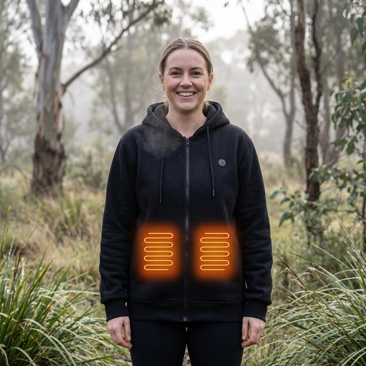 Black heated zip-up hoodie worn outdoors