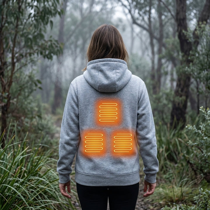 Grey heated zip-up hoodie back view with heating zones highlighted