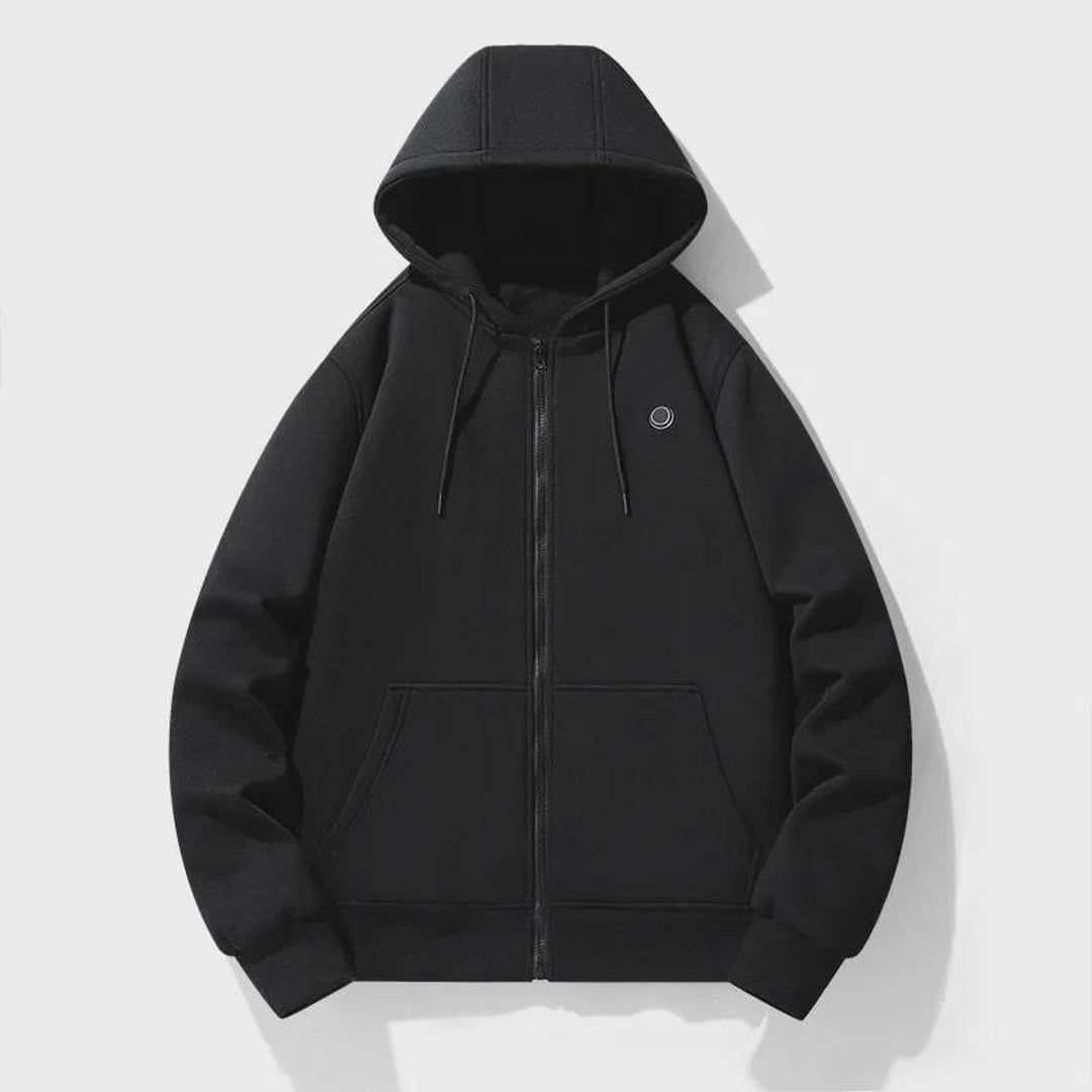 Black heated zip-up hoodie flat lay front view
