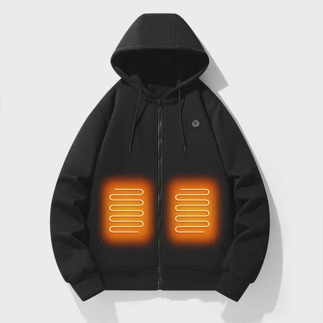Black heated zip-up hoodie with front heating zones highlighted