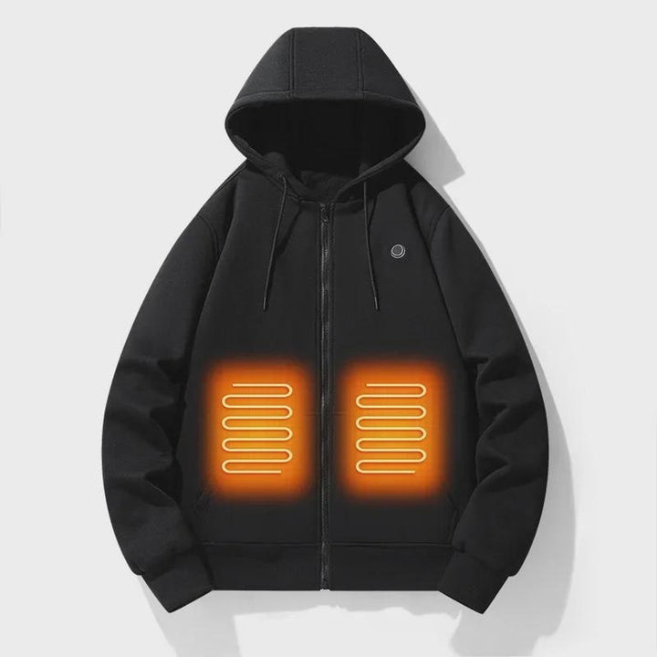 Black heated zip-up hoodie with front heating zones highlighted