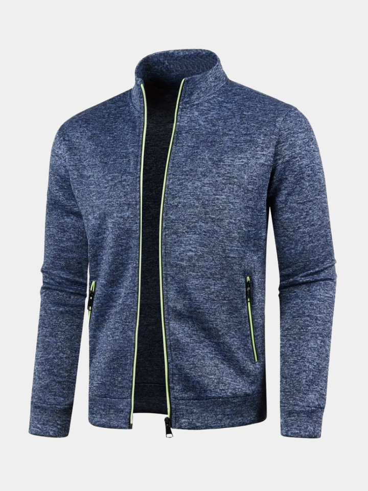 Navy Blue Heathered Knit Zip-Up Jacket front view